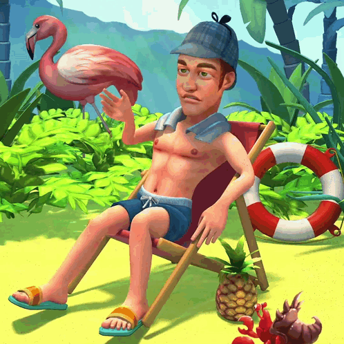 A Man Is Sitting In A Beach Chair With A Flamingo And A Life Preserver GIF