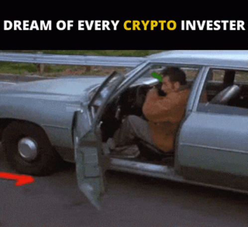 A Man Is Sitting In A Car With The Door Open And The Words Dream Of Every Crypto Investor Below Him GIF