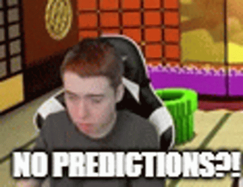 A Man Is Sitting In A Chair In A Room With The Words `` No Predictions '' Written On It . GIF