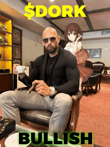 A Man Is Sitting In A Chair With A Woman Behind Him And The Words $ Dork Bullish On The Bottom GIF