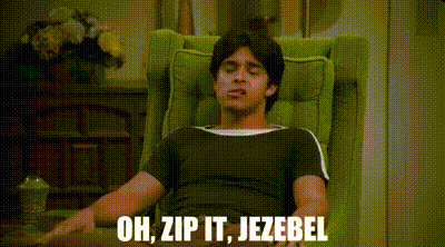 A Man Is Sitting In A Chair With His Eyes Closed And The Words `` Oh , Zip It , Jezebel '' . GIF
