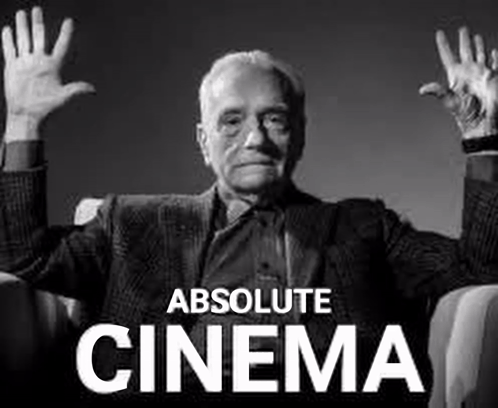 A Man Is Sitting In A Chair With His Hands In The Air And The Words Absolute Cinema Above Him . GIF