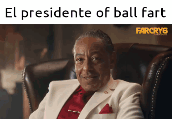 A Man Is Sitting In A Chair With The Words El Presidente Of Ball Fart GIF