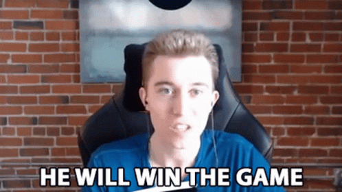 A Man Is Sitting In A Chair With The Words He Will Win The Game Behind Him GIF