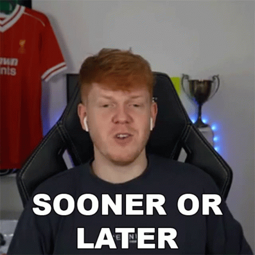 A Man Is Sitting In A Chair With The Words Sooner Or Later Written On His Shirt GIF