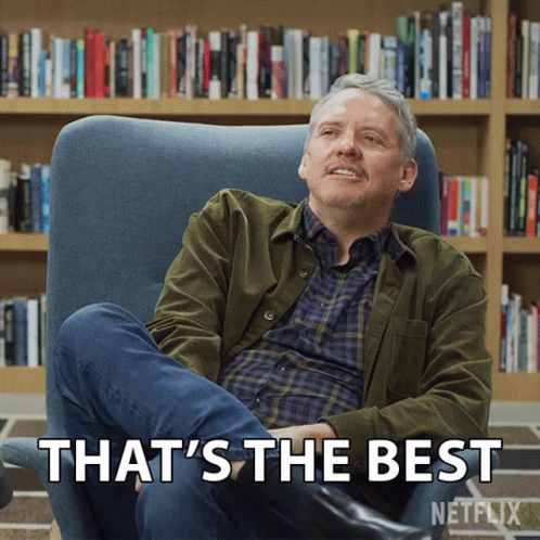 A Man Is Sitting In A Chair With The Words " That 'S The Best " Written Below Him GIF