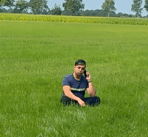 A Man Is Sitting In A Field Talking On A Cell Phone GIF