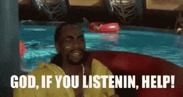 A Man Is Sitting In A Raft In A Pool And Saying `` God , If You Listening , Help ! '' GIF