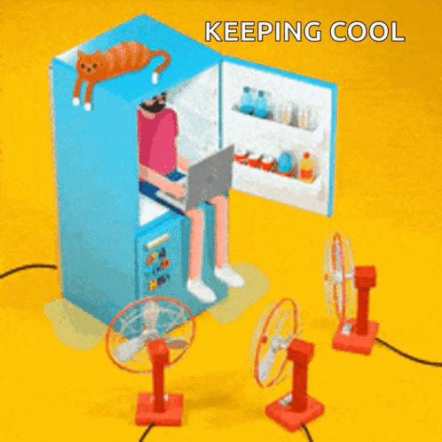 A Man Is Sitting In A Refrigerator Using A Laptop And A Cat Is Hanging From The Ceiling . GIF