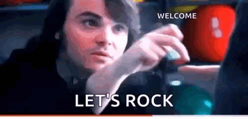 A Man Is Sitting In Front Of A Bowling Alley With The Words `` Welcome Let 'S Rock '' Written On The Bottom . GIF