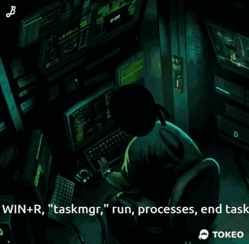 a man is sitting in front of a computer with the words win + r " taskmgr " run processes end task below him