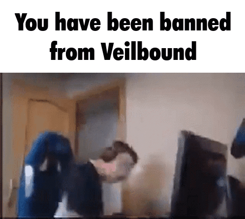 A Man Is Sitting In Front Of A Computer With The Words " You Have Been Banned From Veilbound " GIF