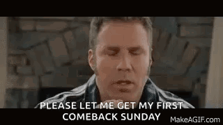 A Man Is Sitting In Front Of A Fireplace And Saying `` Please Let Me Get My First Comeback Sunday '' GIF