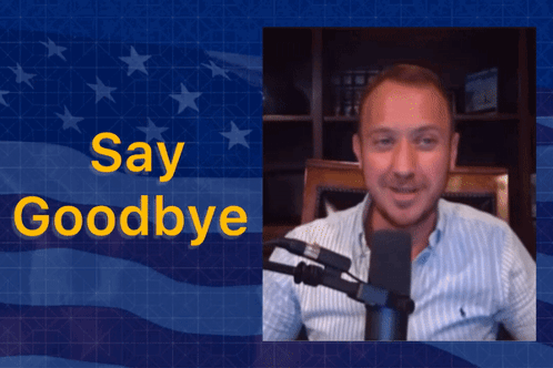 A Man Is Sitting In Front Of A Microphone With The Words Say Goodbye Behind Him GIF