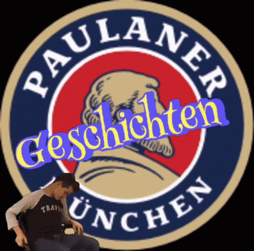 A Man Is Sitting In Front Of A Paulaner Munchen Logo GIF