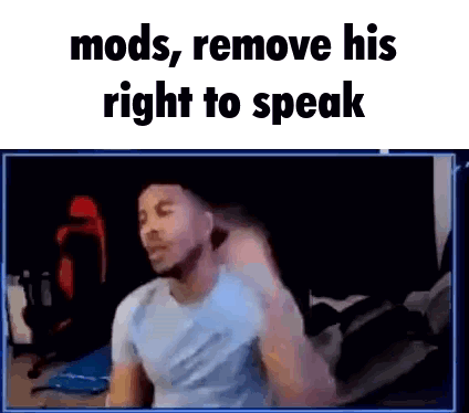 A Man Is Sitting In Front Of A Screen With The Words Mods , Remove His Right To Speak On It . GIF