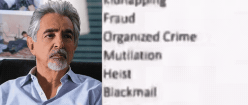 A Man Is Sitting In Front Of A Sign That Says Organized Crime GIF