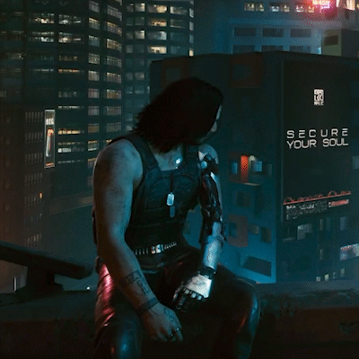A Man Is Sitting In Front Of A Sign That Says Secure Your Soul GIF