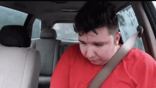 A Man Is Sitting In The Back Seat Of A Car Wearing A Seat Belt . GIF