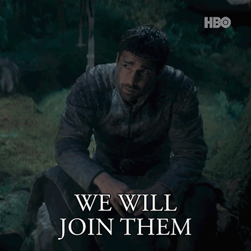 A Man Is Sitting In The Grass With The Words " We Will Join Them " Below Him GIF
