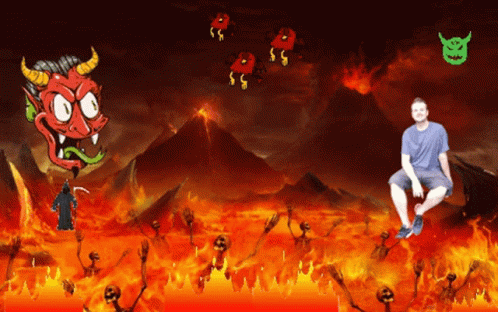 a man is sitting in the middle of a firey hellscape