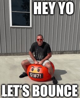 A Man Is Sitting On A Bouncy Ball That Says Hey Yo Let 'S Bounce On It GIF