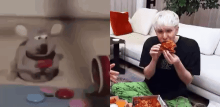 A Man Is Sitting On A Couch Eating A Pizza . GIF