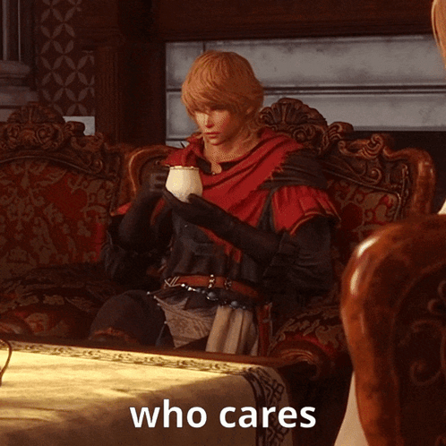 A Man Is Sitting On A Couch Holding A Cup With The Words Who Cares Written Below Him GIF