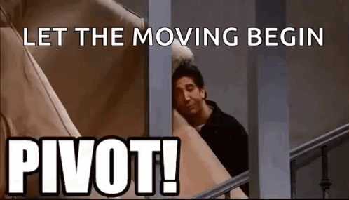 A Man Is Sitting On A Couch In A Room With The Words `` Let The Moving Begin Pivot '' . GIF
