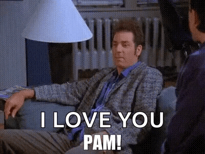 A Man Is Sitting On A Couch Talking To Another Man While Saying `` I Love You Pam '' . GIF