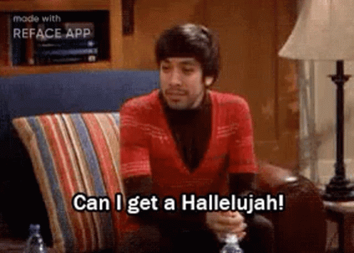 A Man Is Sitting On A Couch With A Bottle Of Water And Saying `` Can I Get A Hallelujah '' . GIF