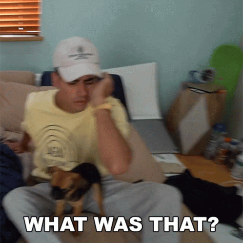 A Man Is Sitting On A Couch With A Small Dog And The Words " What Was That " Above Him GIF