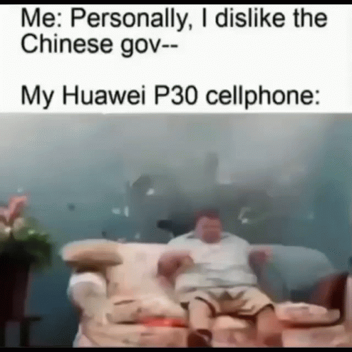 A Man Is Sitting On A Couch With His Arms Outstretched In A Meme About His Huawei P30 Cellphone . GIF