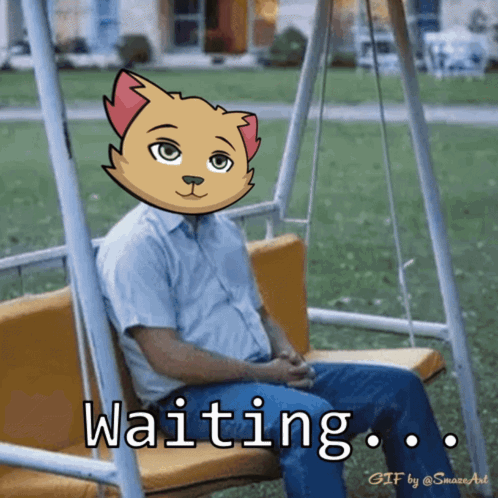 A Man Is Sitting On A Swing With A Cat On His Head And The Words Waiting Behind Him GIF