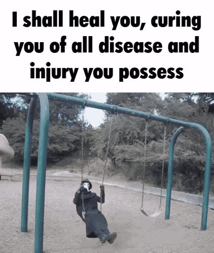A Man Is Sitting On A Swing With The Words I Shall Heal You Curing You Of All Disease And Injury You Possess On The Bott GIF