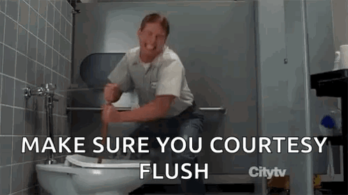 A Man Is Sitting On A Toilet With A Plunger In His Hand And Says `` Make Sure You Courtesy Flush '' . GIF