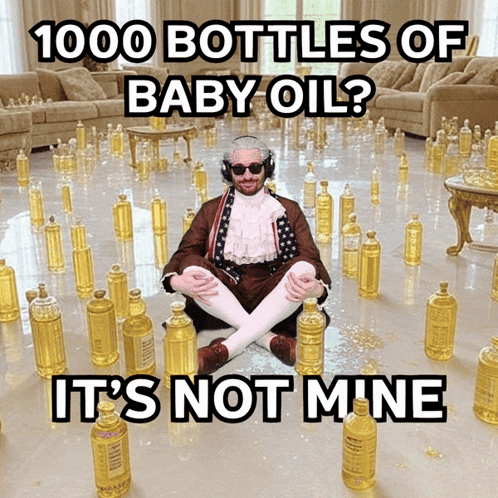 A Man Is Sitting On The Floor Surrounded By Bottles Of Baby Oil GIF