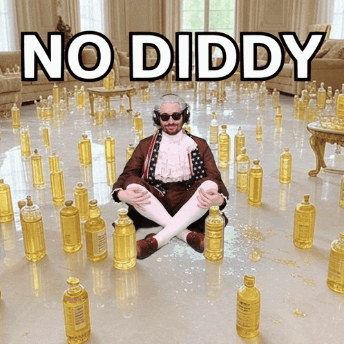 A Man Is Sitting On The Floor Surrounded By Yellow Bottles And The Words No Diddy GIF
