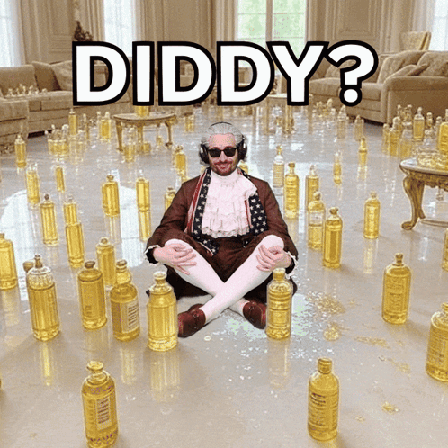 a man is sitting on the floor surrounded by yellow bottles with the word diddy above him