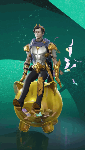 A Man Is Sitting On Top Of A Gold Piggy Bank GIF
