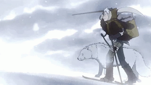 A Man Is Skiing With A Wolf On A Sled In The Snow . GIF