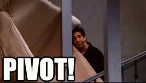 A Man Is Sleeping On A Couch In A Room With The Words `` Pivot '' Written Above Him . GIF