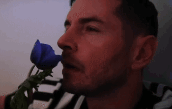 A Man Is Smelling A Blue Rose In His Nose . GIF