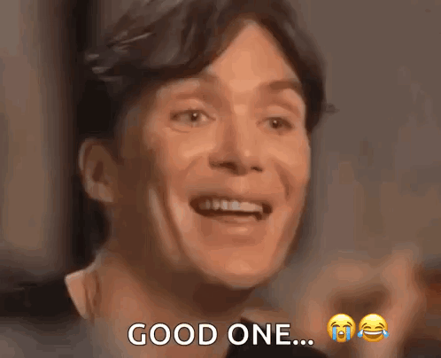 a man is smiling and saying `` good one '' while crying .