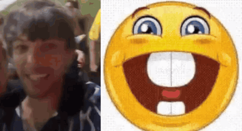 A Man Is Smiling Next To A Smiley Face With A Big Mouth GIF