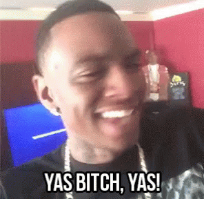 A Man Is Smiling With The Words Yas Bitch Yas Written On His Face GIF
