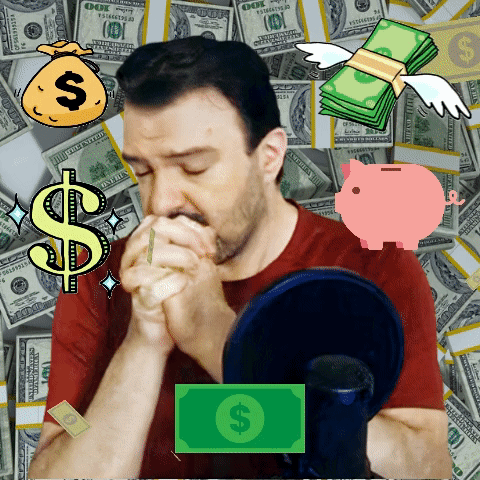 A Man Is Smoking A Cigarette In Front Of A Pile Of Money That Says 100 On It GIF