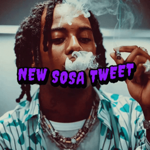a man is smoking a cigarette with the words new sosa tweet behind him