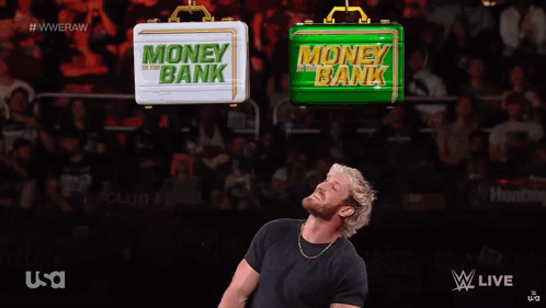 A Man Is Speaking Into A Microphone In Front Of A Sign That Says Money In The Bank GIF