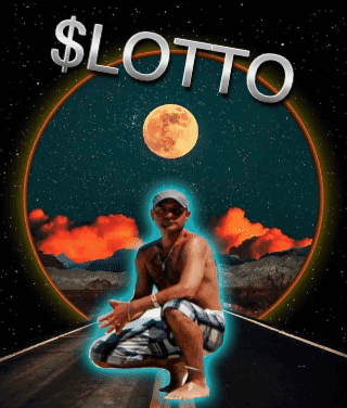 A Man Is Squatting Down In Front Of A Full Moon With The Word Lotto On The Bottom GIF